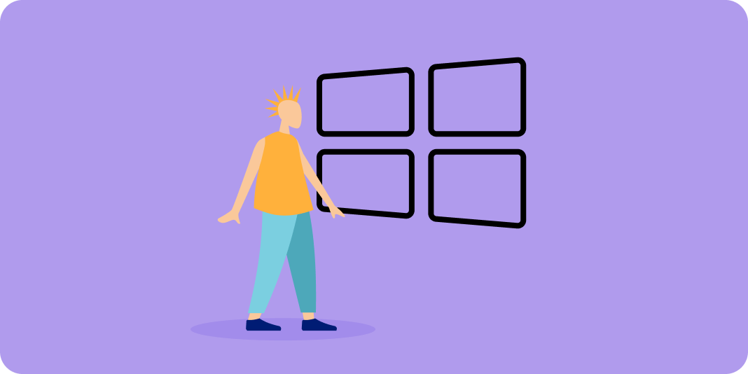 Illustration: Person steht vor einem großen Windows-Logo aus vier Kacheln.