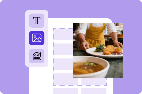 View of a website editor with icons and a person in a yellow apron arranging food on a table.