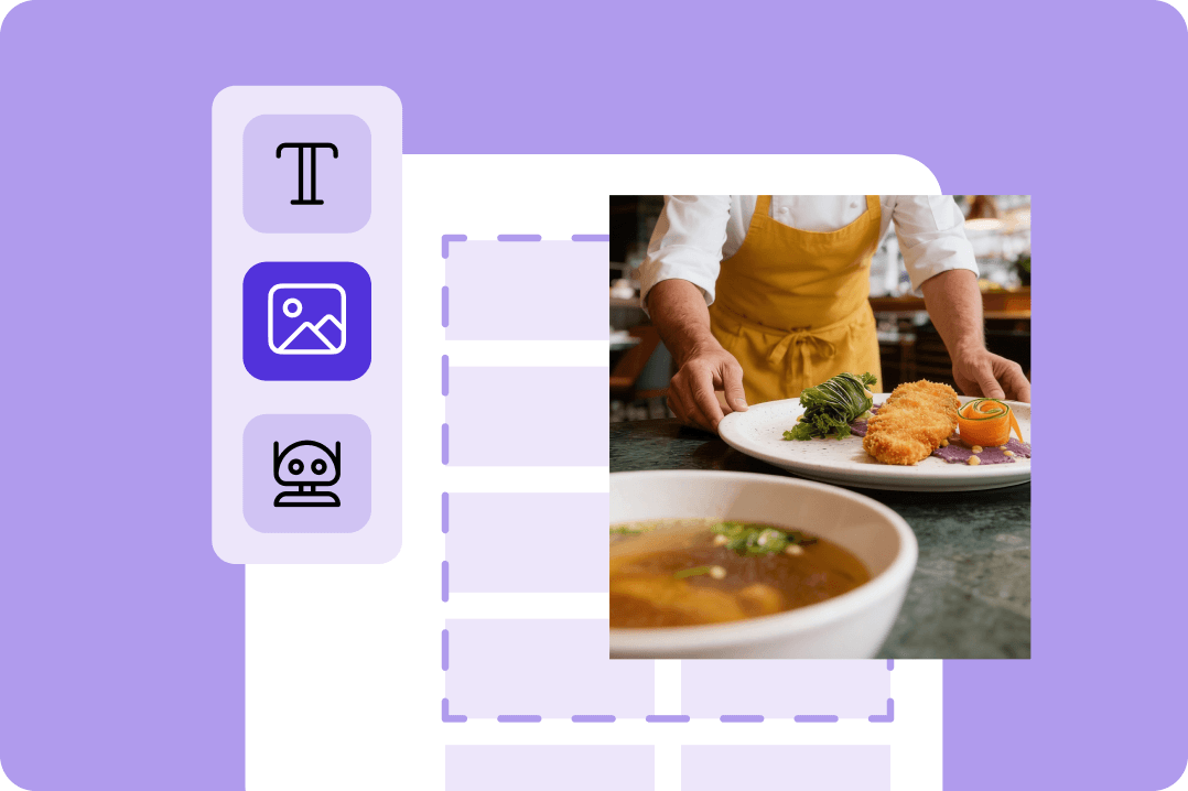 View of a website editor with icons and a person in a yellow apron arranging food on a table.