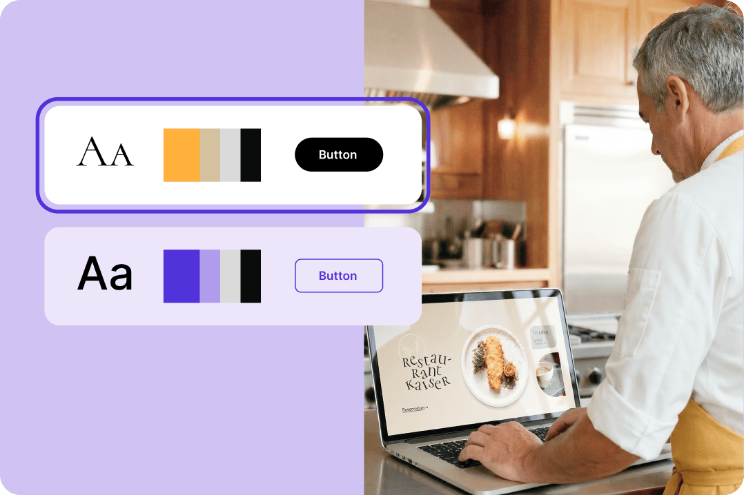 Person in a yellow apron uses a laptop with a website editor. Design options for fonts and colors are shown next to it.