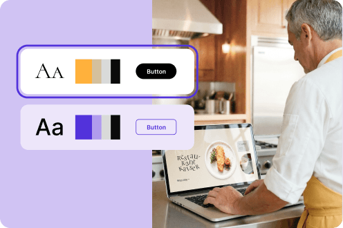 Person in a yellow apron uses a laptop with a website editor. Design options for fonts and colors are shown next to it.