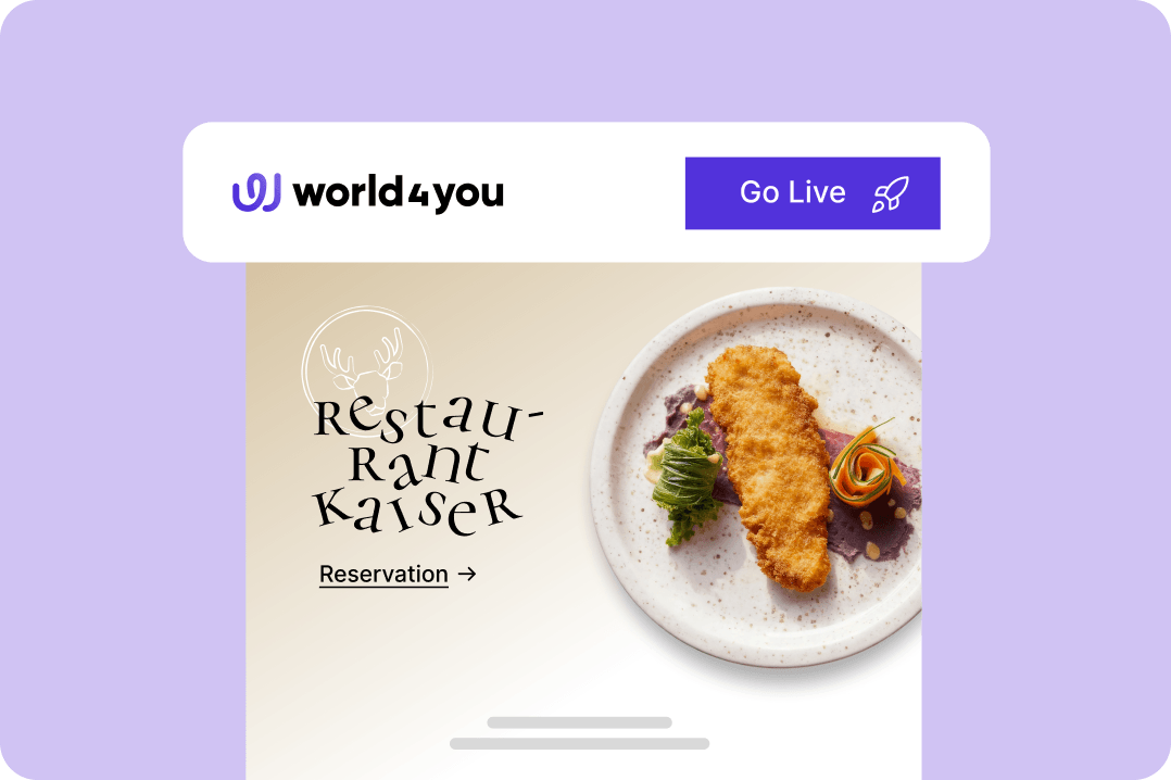 A world4you header with a "Go Live" button above a restaurant website preview showing a plated meal.