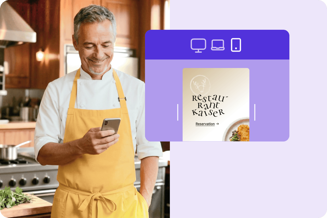 Person in a yellow apron looks at a smartphone. Icons for website views on monitor, laptop, and mobile are shown next to it.