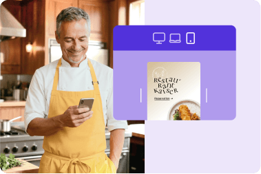 Person in a yellow apron looks at a smartphone. Icons for website views on monitor, laptop, and mobile are shown next to it.