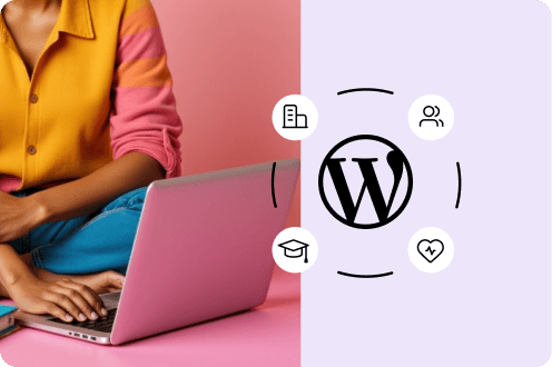 Person in a yellow top using a laptop next to WordPress logo and icons for business, education, community, and health.