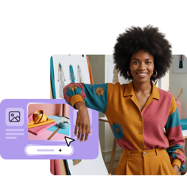 Person in a colorful top editing images for their website; creative design with WordPress elements.