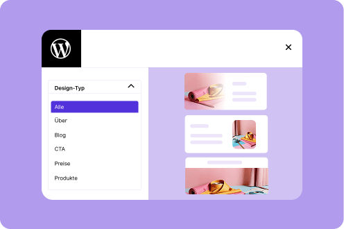 WordPress menu for selecting design types for your website with categories like blog, CTA, and products.