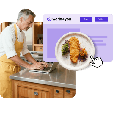 Person in a yellow apron at a laptop. Next to it, a website editor with world4you logo, save button, and a food image.