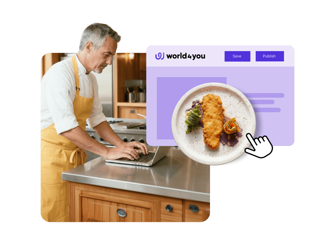 Person in a yellow apron at a laptop. Next to it, a website editor with world4you logo, save button, and a food image.