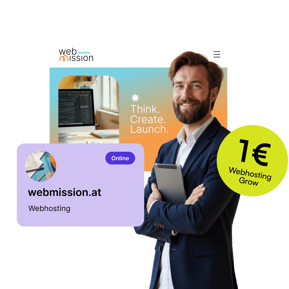 Lächelnder Mann im Anzug hält ein Tablet vor seiner Website, daneben ein Badge mit „1 € Webhosting Grow“.
