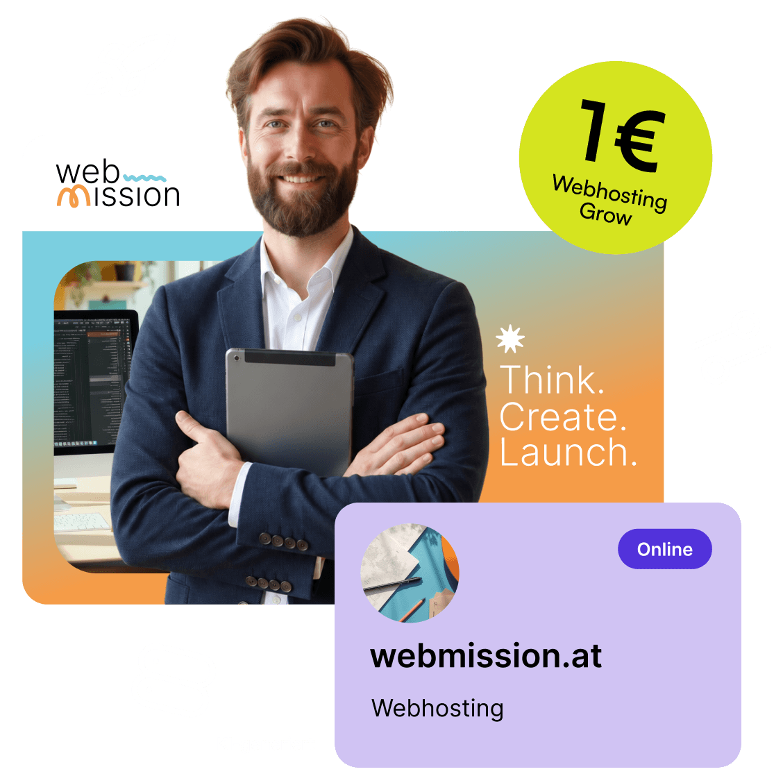 Smiling man in a suit holds a tablet in front of his website, next to a badge reading "1 € Webhosting Grow".