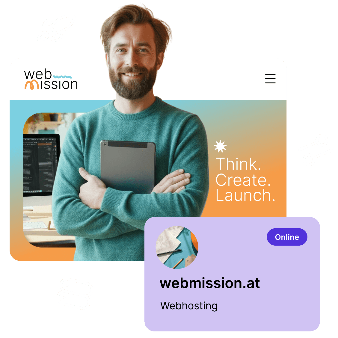Lächelnde Person in türkisfarbenem Pullover mit Tablet vor eigener Website mit Webhosting (KI-generiertes Bild).