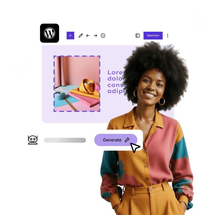 Smiling person in a colorful outfit in front of a computer