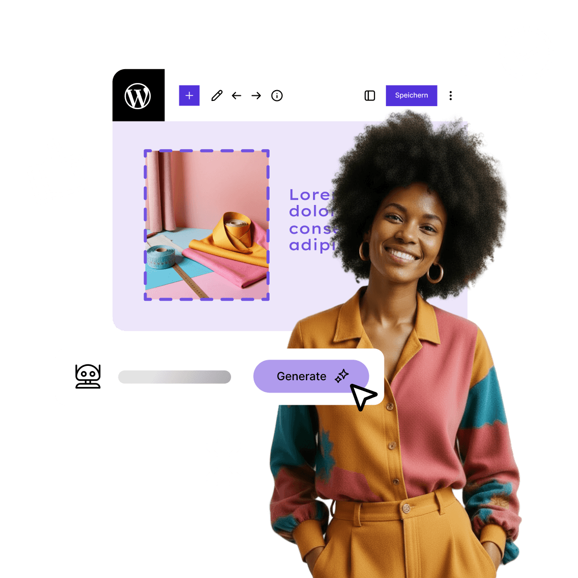 Lächelnde Person in buntem Outfit vor WordPress-Editor mit KI-gestützten Content Generator (KI-generiertes Bild).