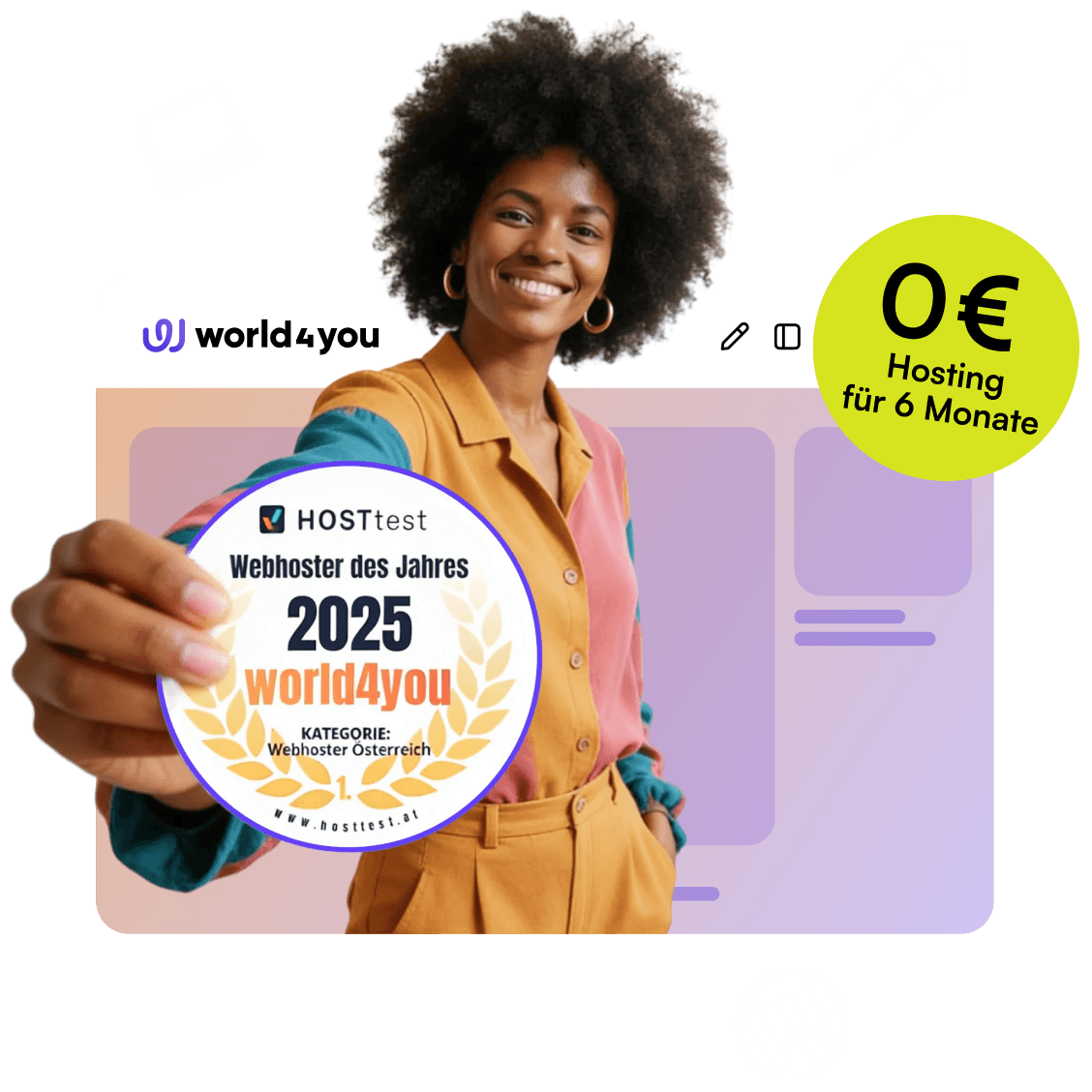 Person hält lächelnd eine Plakette mit der Aufschrift Webhoster des Jahres 2025 in der Hand. Daneben ist ein Hinweis zur derzeitigen Hosting Aktion.