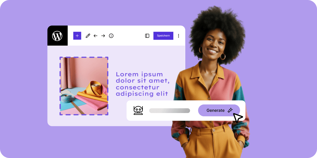 Lächelnde Person im bunten Oberteil nutzt ein KI-Tool zur Bildgenerierung in einem Website-Editor mit WordPress-Logo.