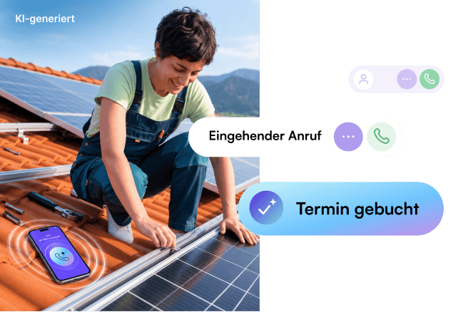 Tradesperson installs solar panels while the AI phone assistant takes the call and books an appointment. AI-generated.